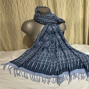 Large Elegant Blue Patterned Scarf With Tassels Boho Casual
